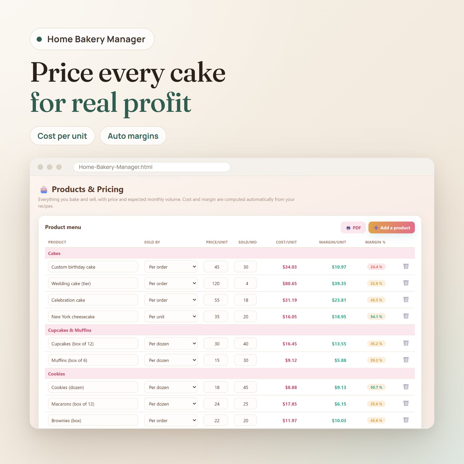 Home Bakery Manager app: product menu with price, cost and margin for cakes, cupcakes and cookies