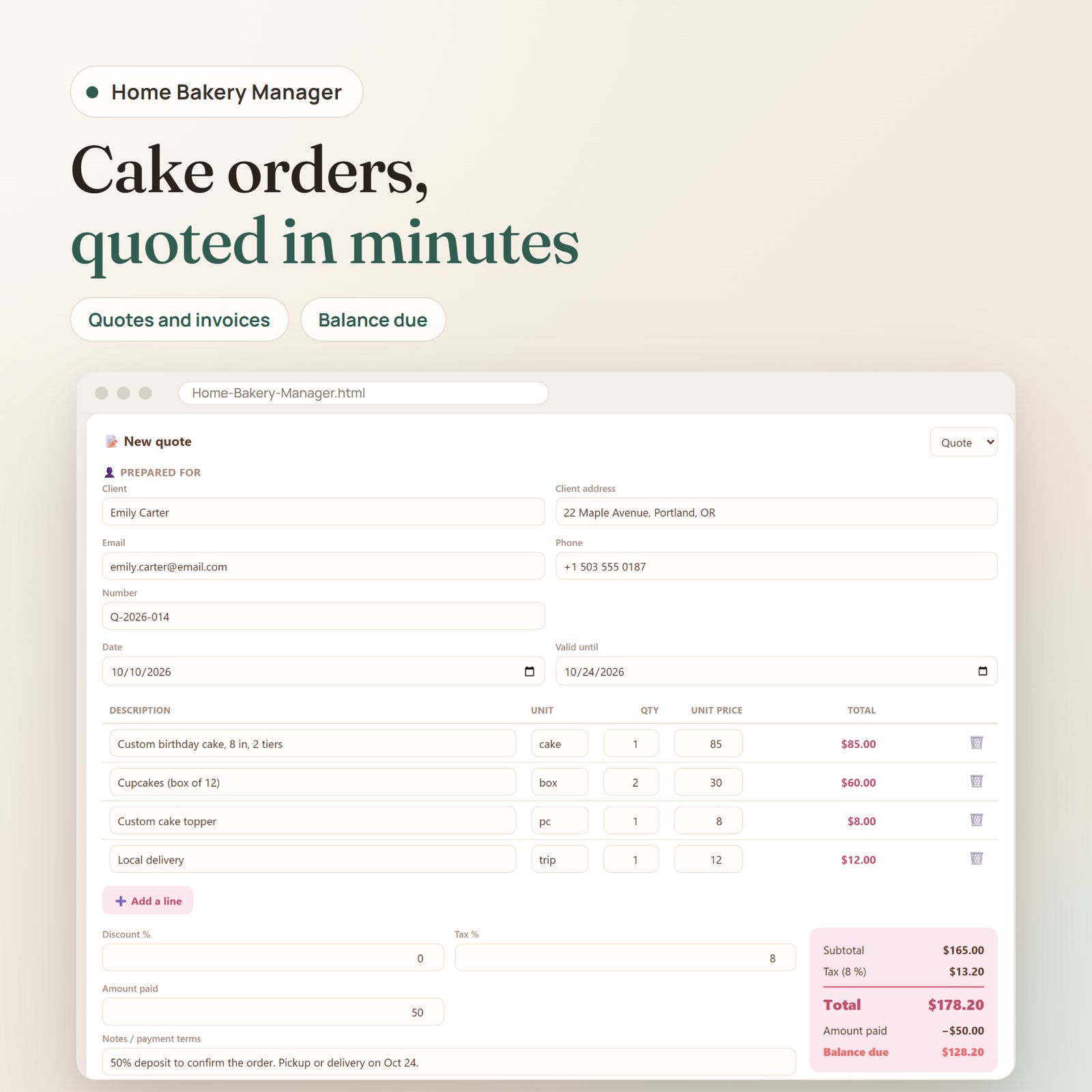 Home Bakery Manager app: cake order quote with client details, line items, tax, deposit and balance due