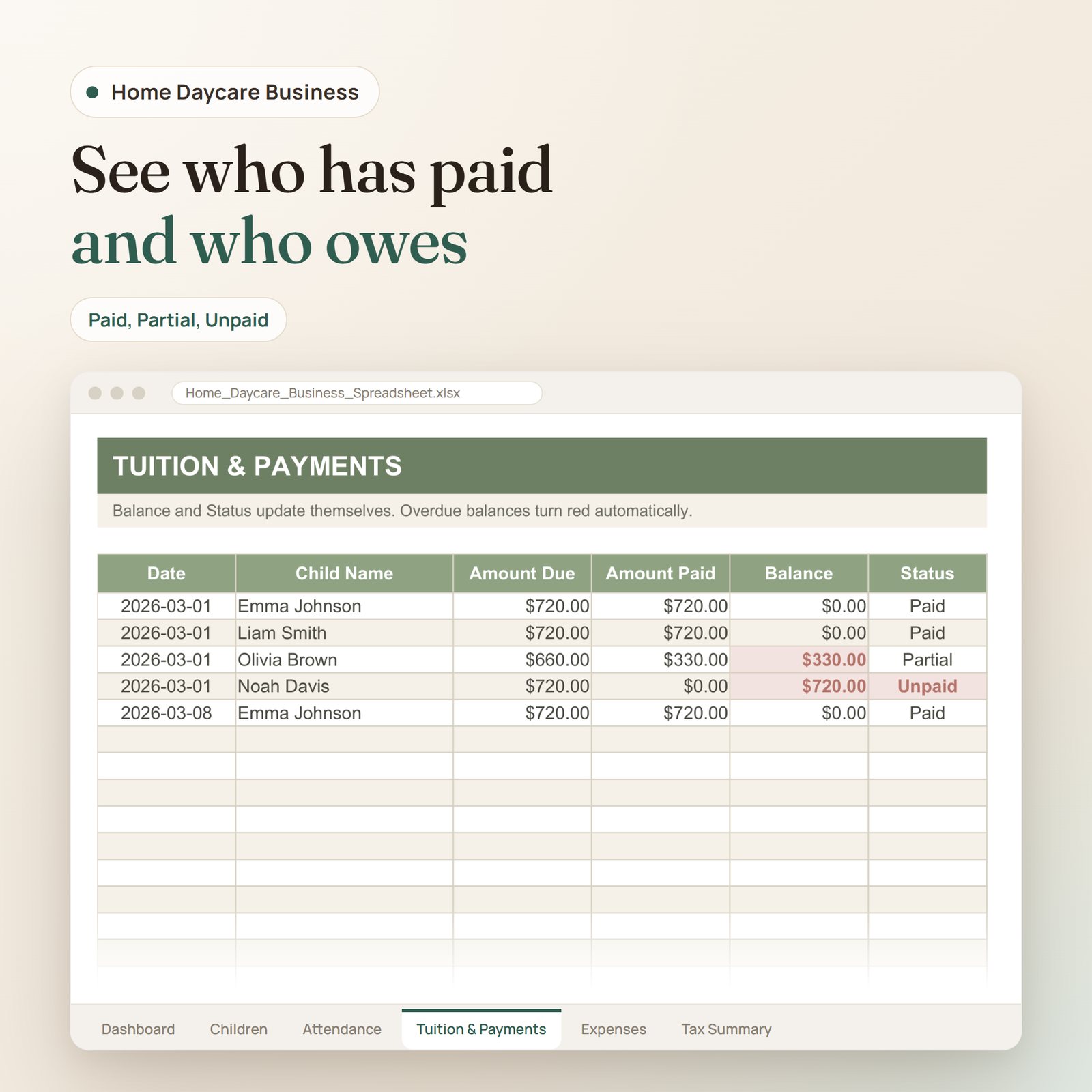 Home Daycare Business spreadsheet: tuition and payments tab with balance and paid, partial or unpaid status