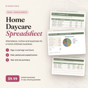 Home Daycare Business Spreadsheet: dashboard, attendance log and tuition tabs