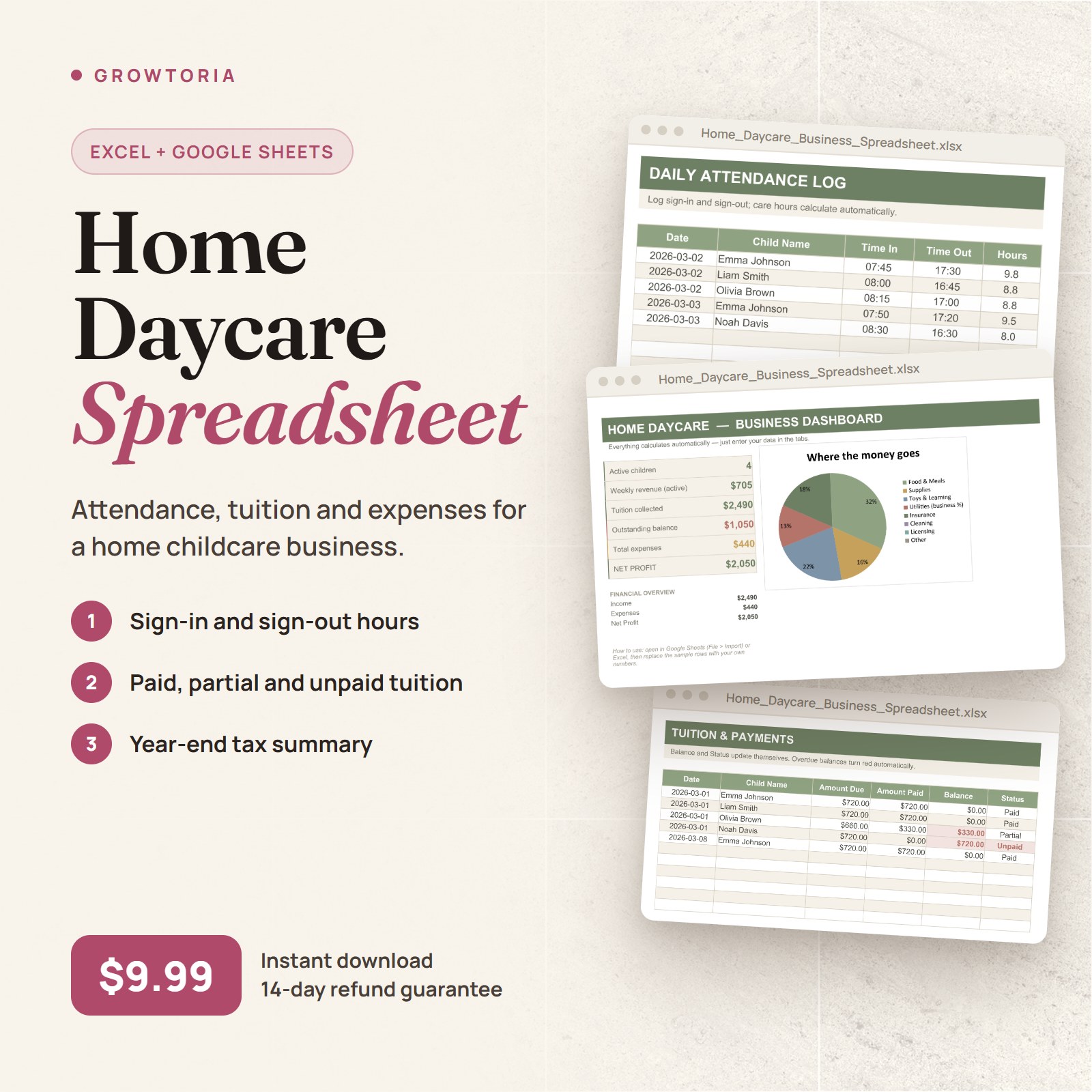 Home Daycare Business Spreadsheet: dashboard, attendance log and tuition tabs
