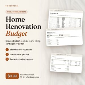 Home Renovation Budget Calculator | Kitchen, Bathroom Remodel Cost Planner (Google Sheets, Excel)