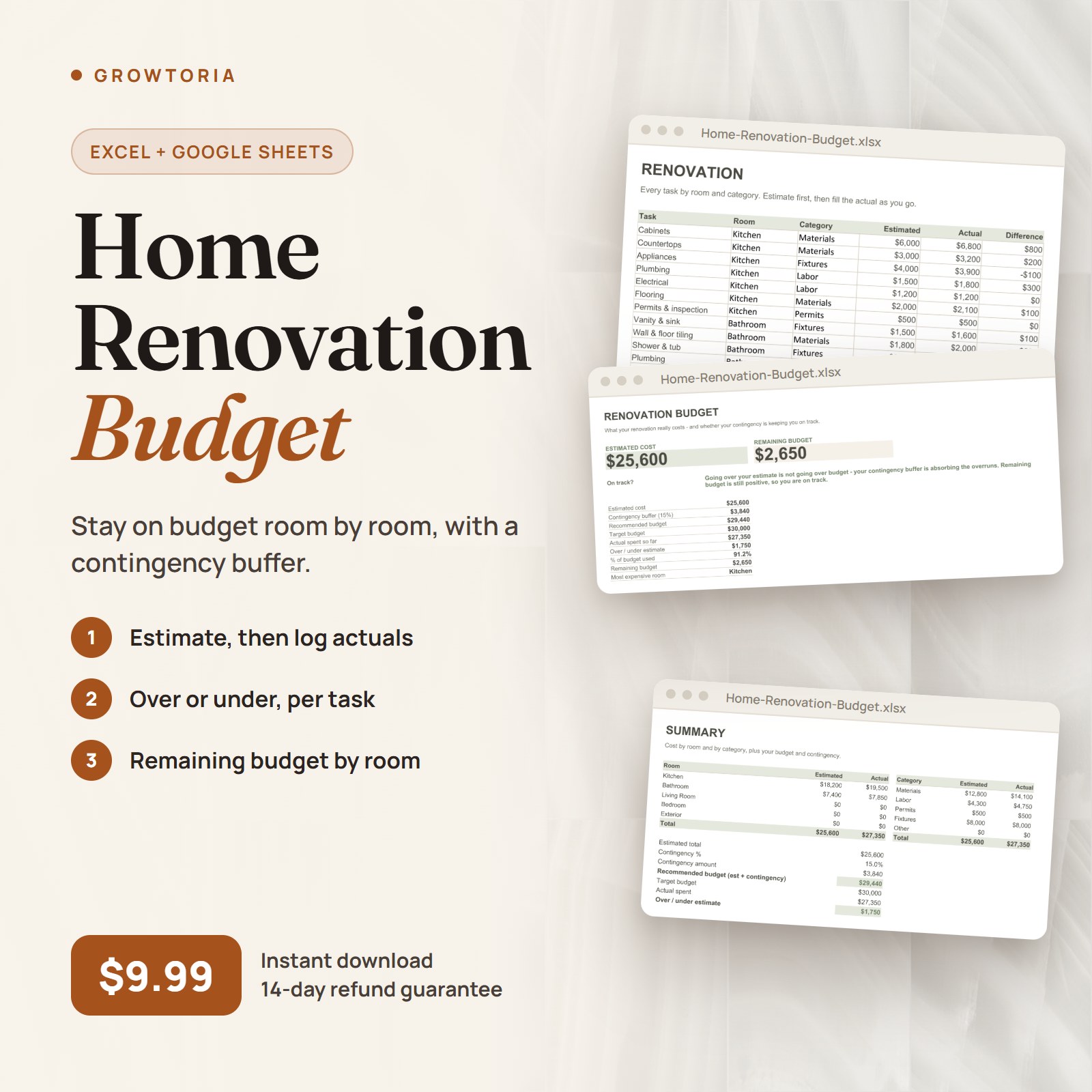 Home Renovation Budget Calculator: dashboard, renovation tasks and summary tabs