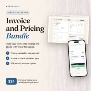 Invoice Generator and Pricing Calculator Bundle: the invoice app on desktop and the pricing app on mobile