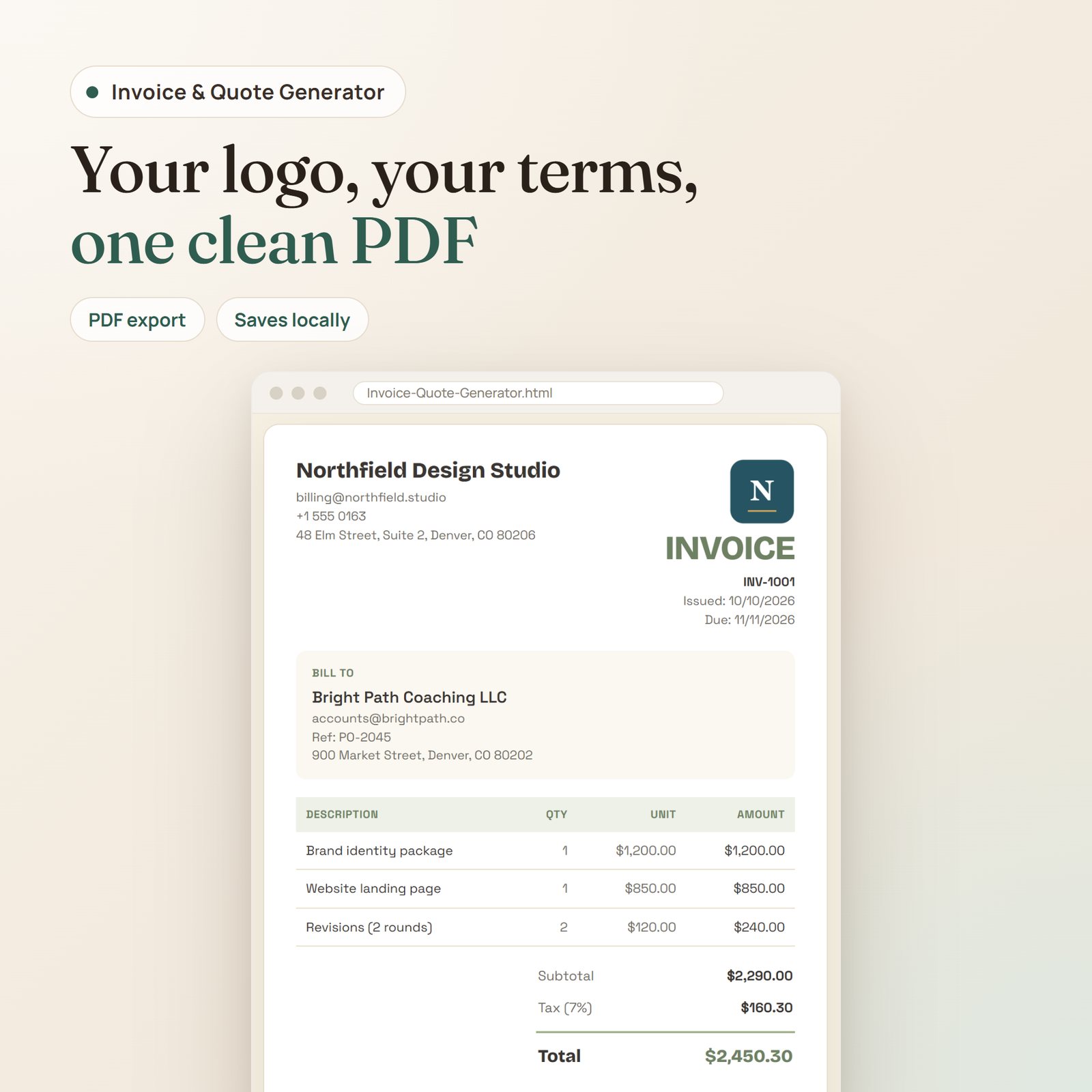 Offline Invoice & Quote Generator app: finished invoice with logo, client, items, tax and total