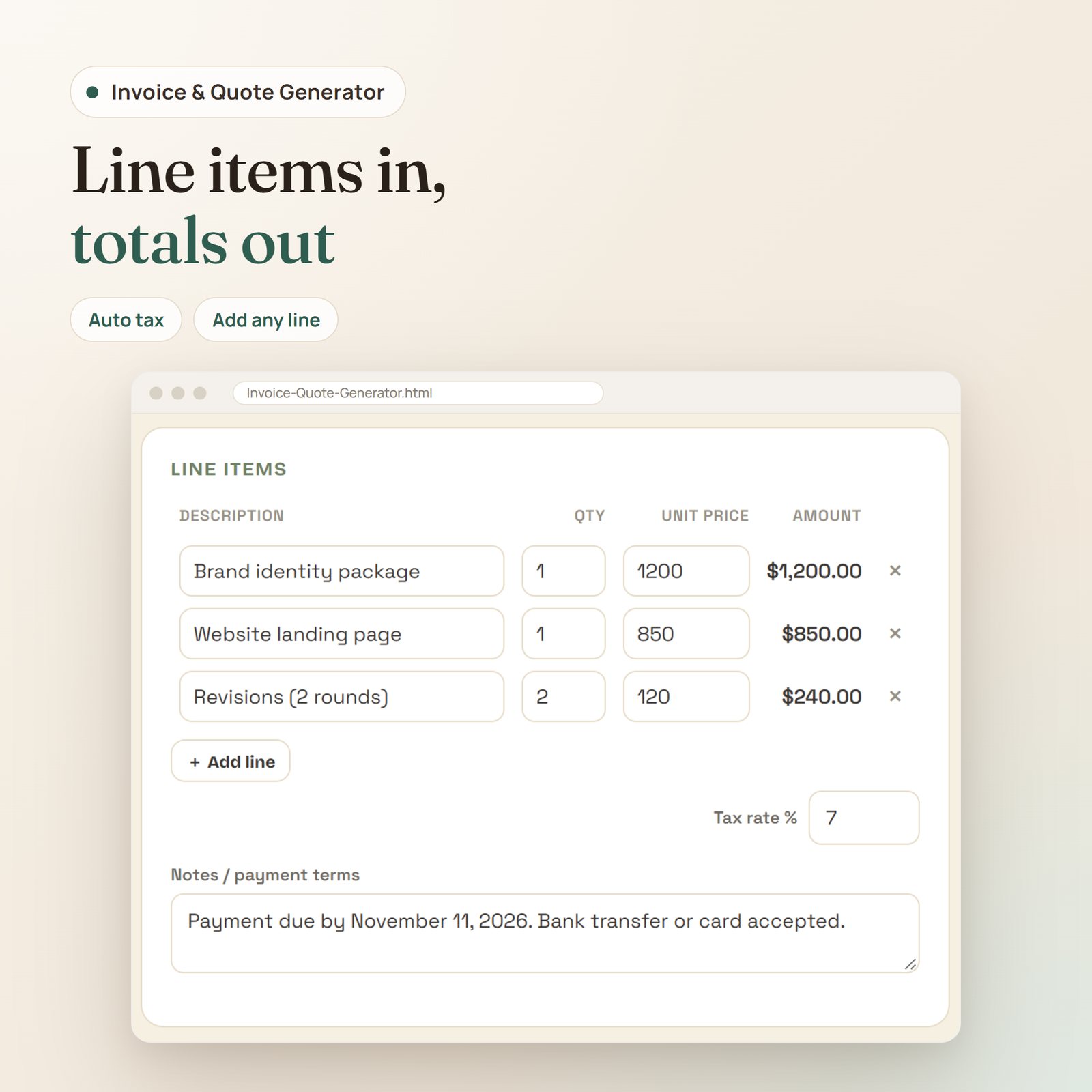 Offline Invoice & Quote Generator app: line items with quantity, unit price, tax rate and payment terms