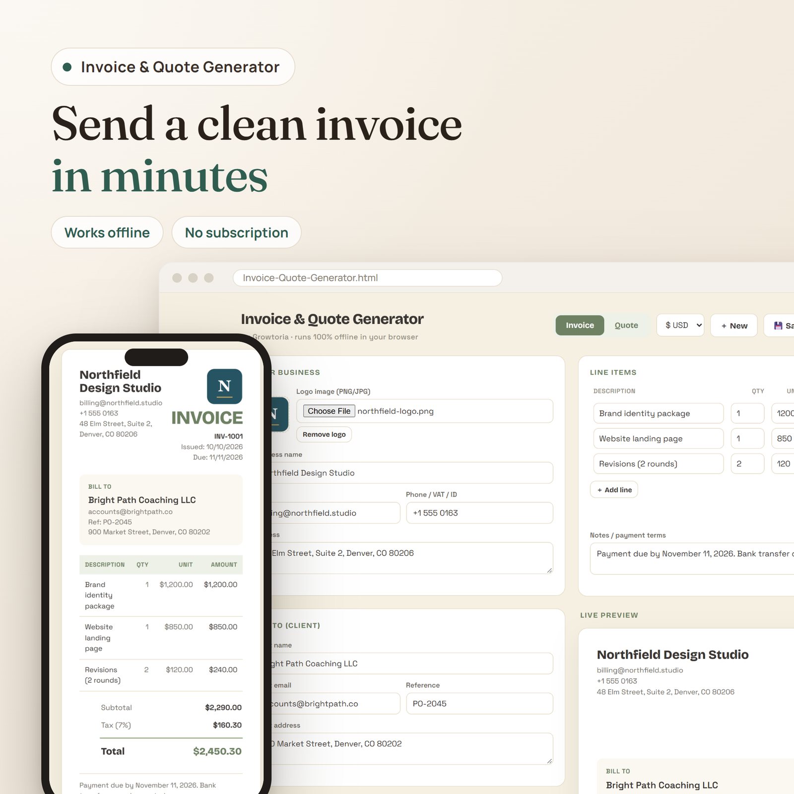 Offline Invoice & Quote Generator app: invoice editor on desktop and the finished invoice on mobile