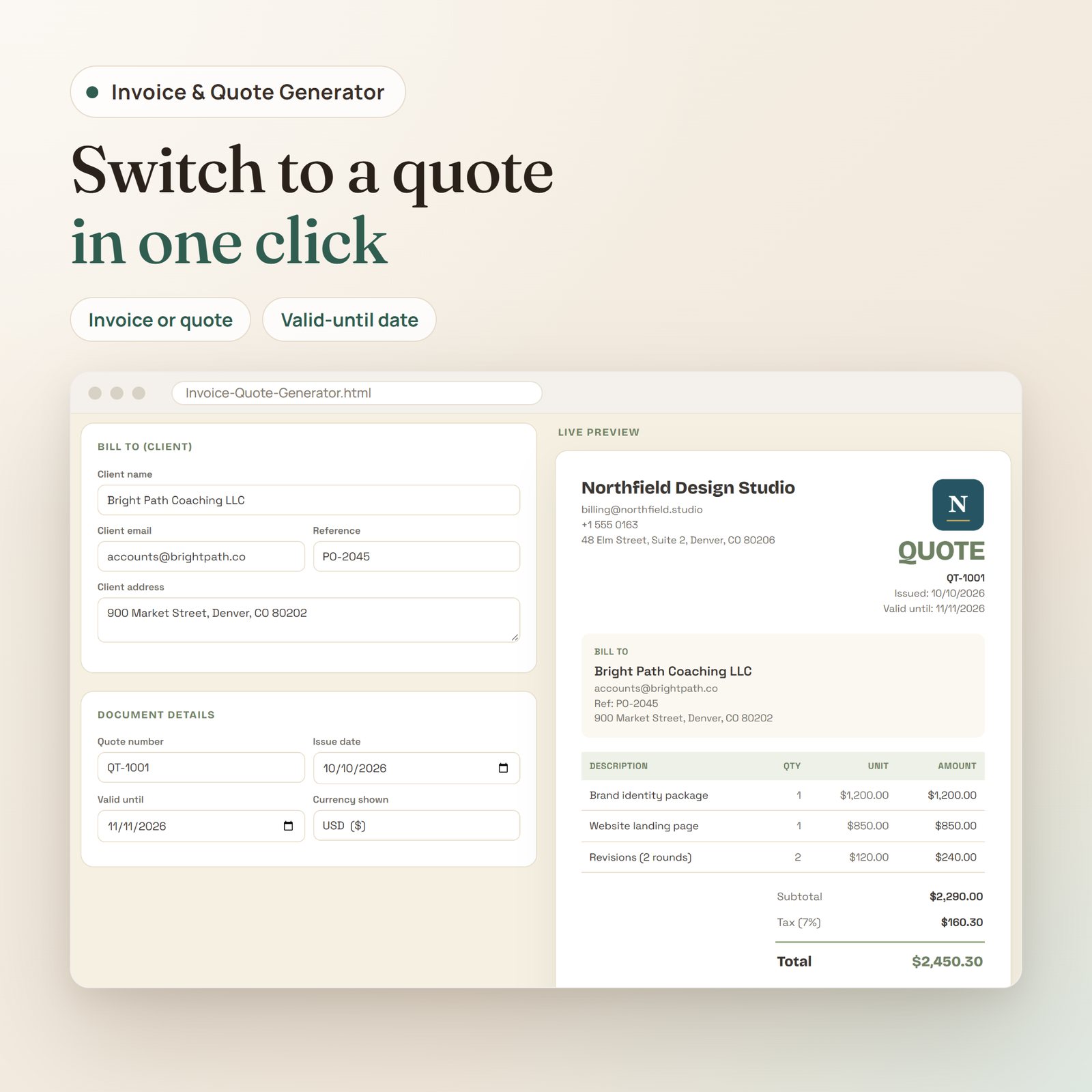 Offline Invoice & Quote Generator app: quote mode with quote number, valid-until date and quote preview