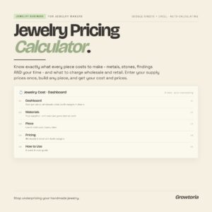 Jewelry pricing calculator dashboard in Google Sheets showing cost, wholesale and retail prices