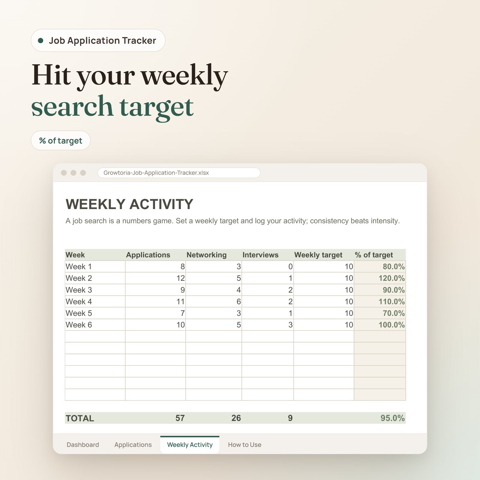 Job Application Tracker spreadsheet: weekly activity with applications, networking, interviews and percent of target