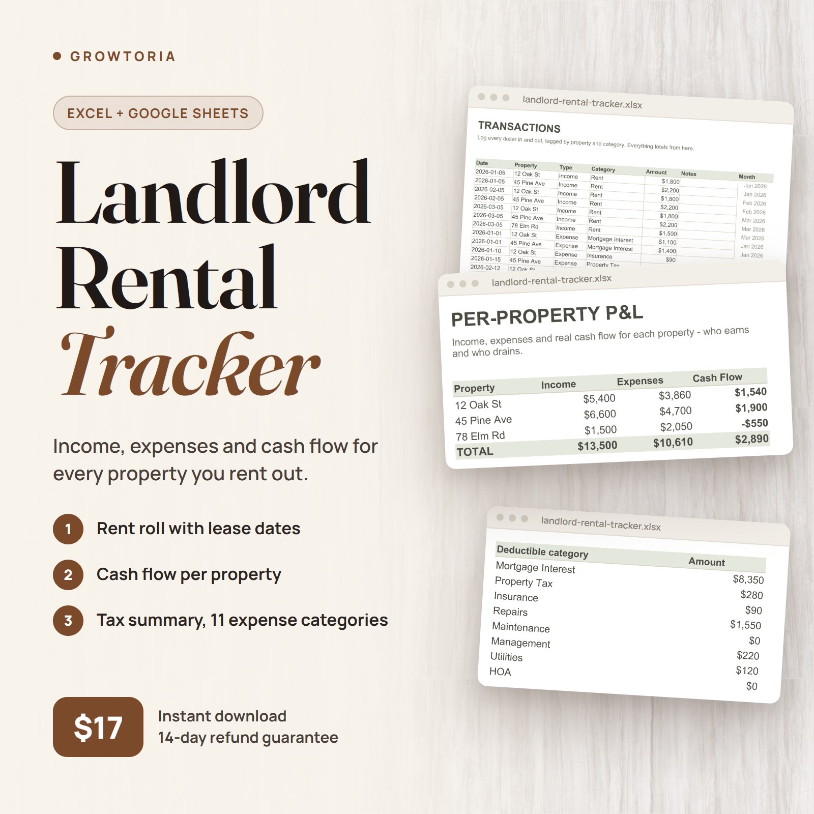Landlord Rental Tracker: per-property cash flow, transactions and tax summary tabs of the spreadsheet