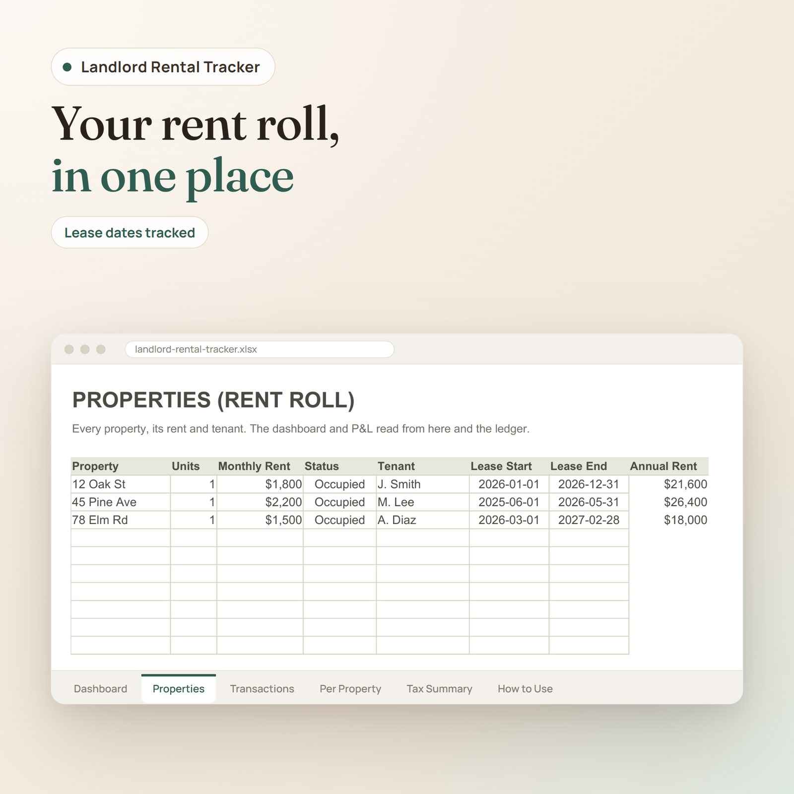 Landlord Rental Tracker spreadsheet: rent roll with units, monthly rent, status, tenant and lease dates