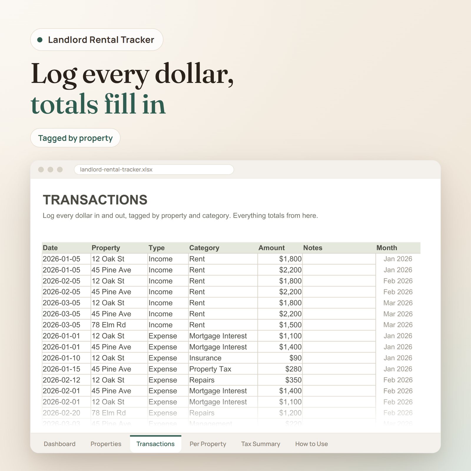 Landlord Rental Tracker spreadsheet: transaction log of rent and expenses tagged by property and category