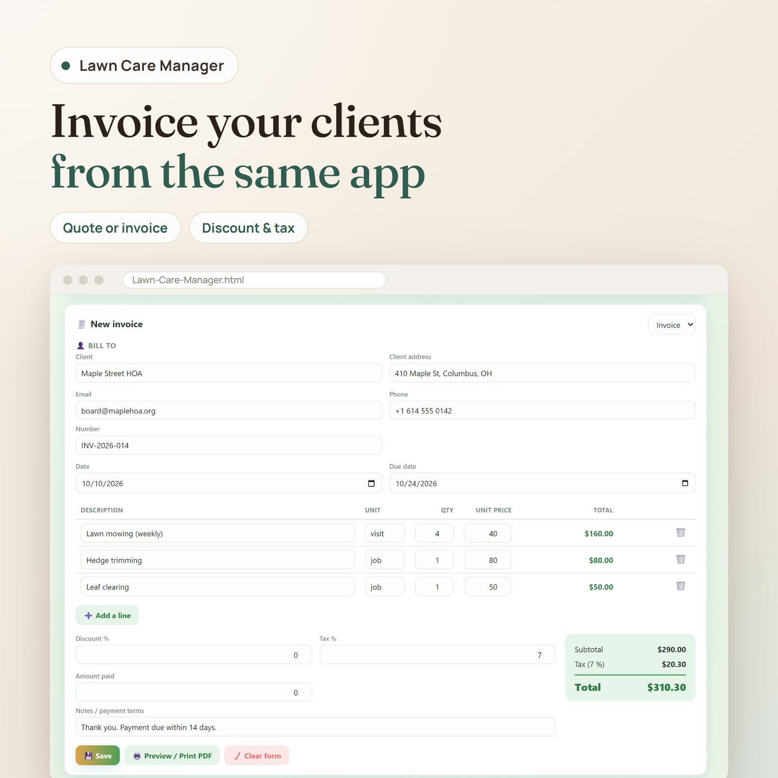 Lawn Care Manager app: invoice builder with client, due date, line items, discount, tax and total