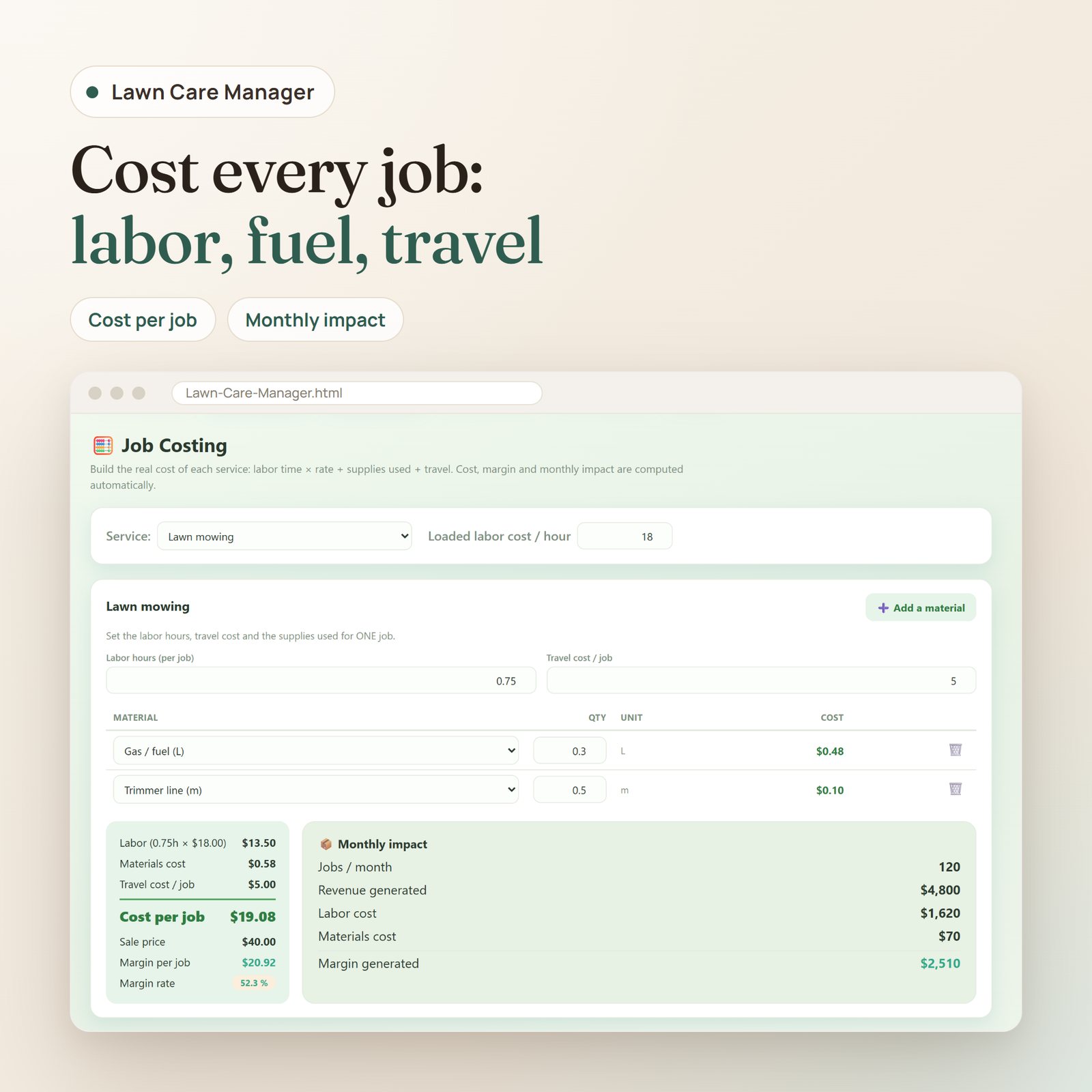 Lawn Care Manager app: job costing with labor hours, travel cost, materials, cost per job and monthly impact
