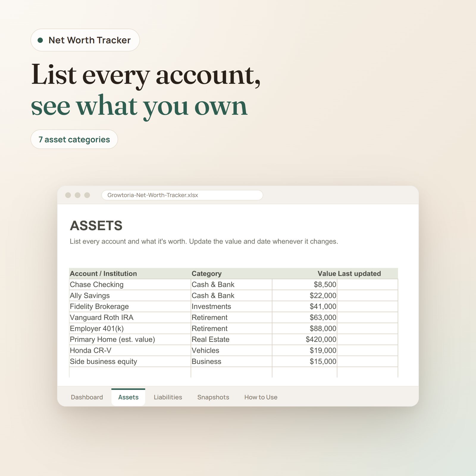 Net Worth Tracker spreadsheet: assets tab listing each account with its category and value