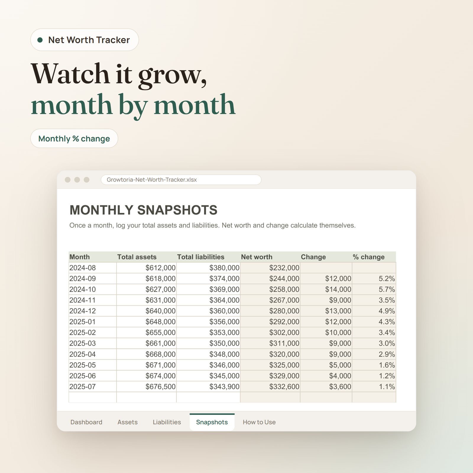 Net Worth Tracker spreadsheet: monthly snapshots of total assets, liabilities, net worth and change