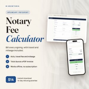 Notary Fee Calculator: the signing invoice on desktop and the total due on mobile