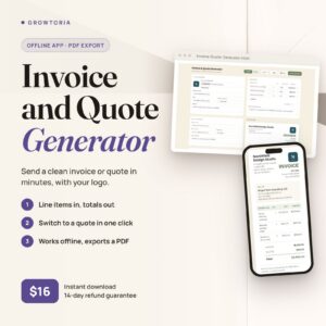 Offline Invoice and Quote Generator: the invoice editor on desktop and the invoice preview on mobile