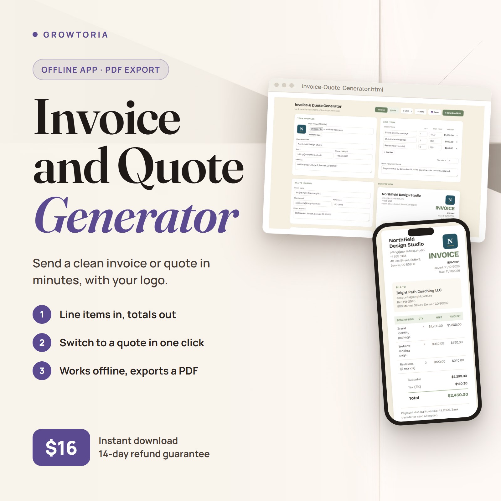 Offline Invoice and Quote Generator: the invoice editor on desktop and the invoice preview on mobile