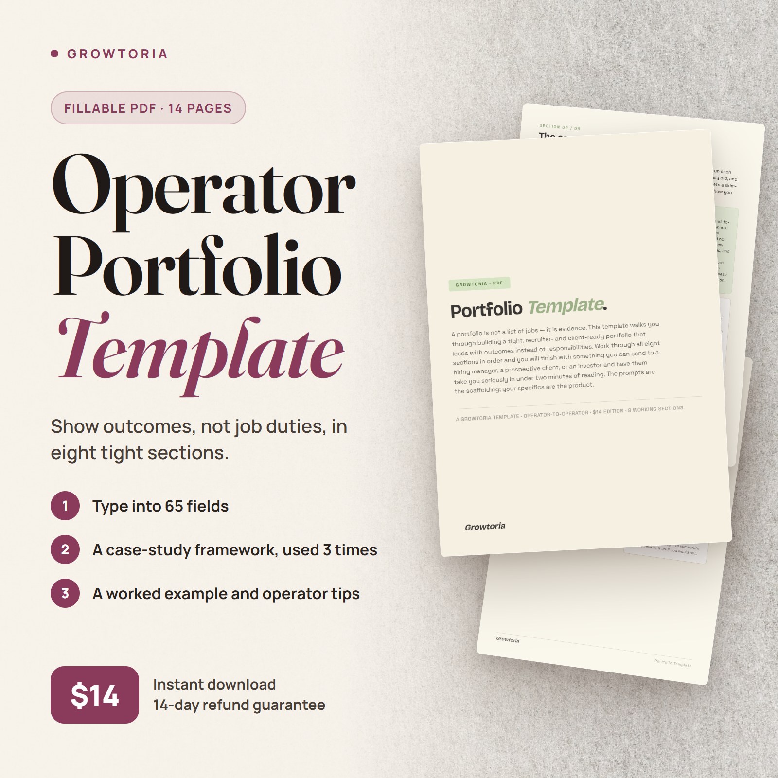 Operator Portfolio Template: cover, case-study framework and positioning pages of the fillable PDF