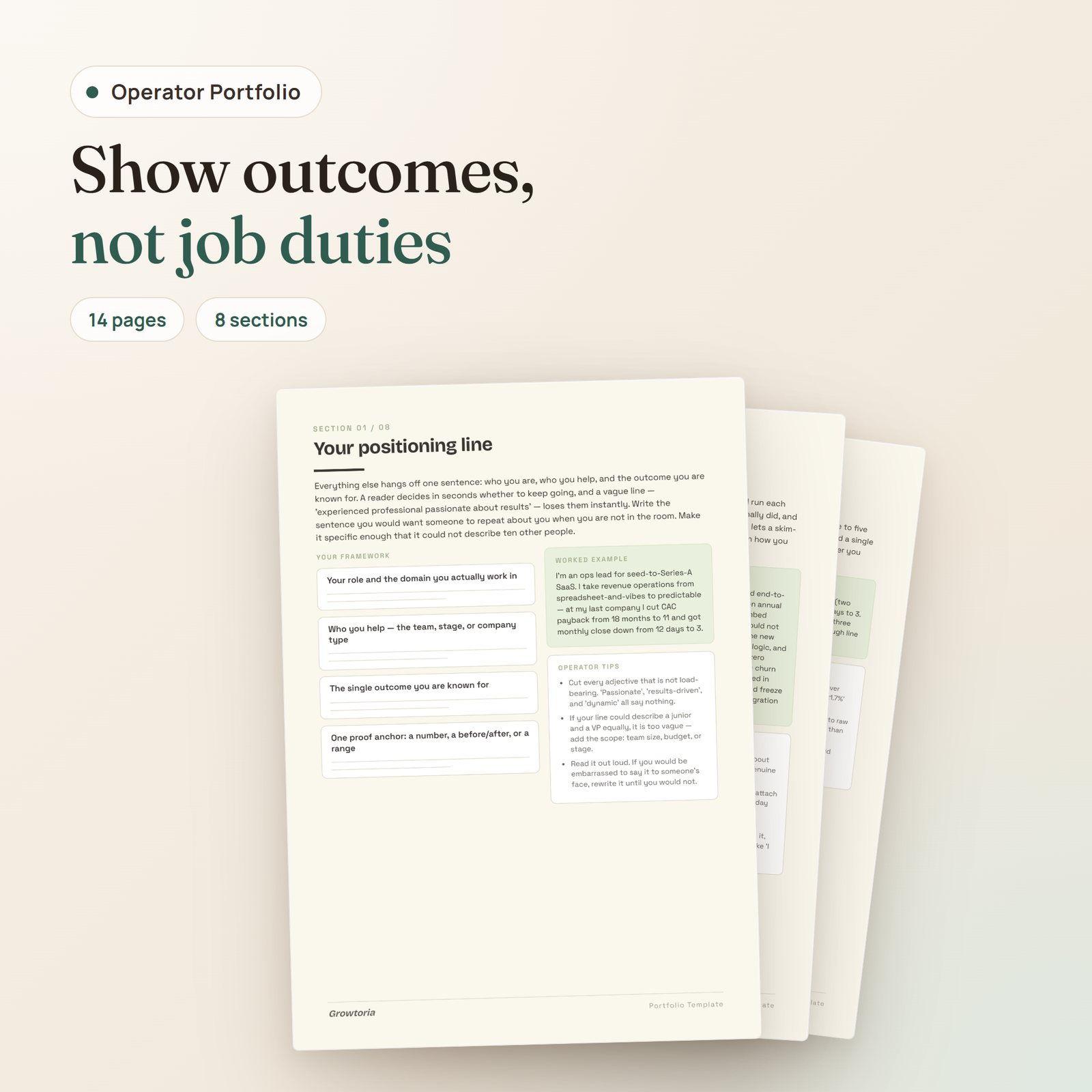 Operator Portfolio Template PDF: positioning, case-study and impact metrics pages