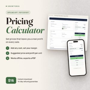 Pricing Calculator App: costs and margin on desktop and the suggested price on mobile