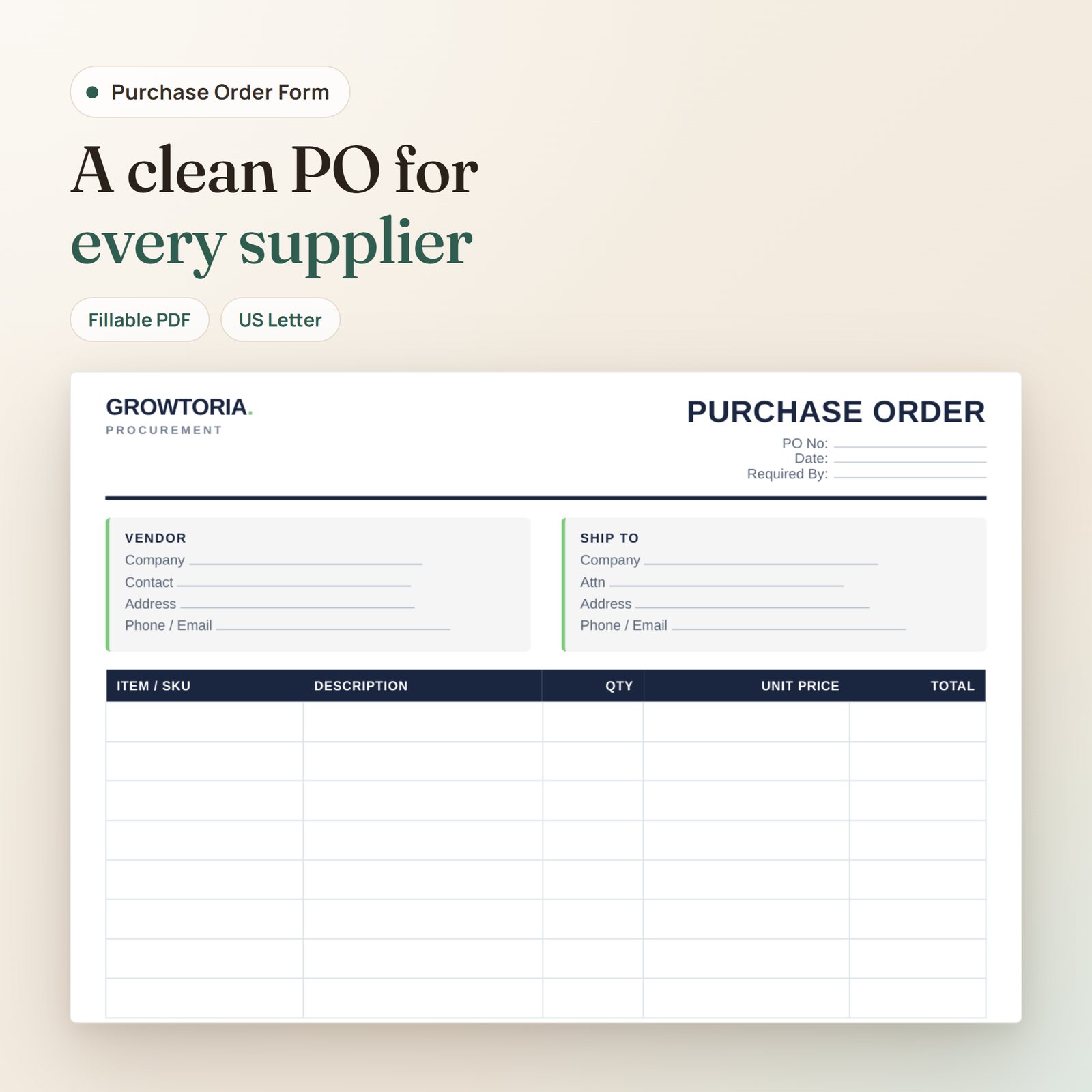 Purchase Order Form: fillable PDF form, blank