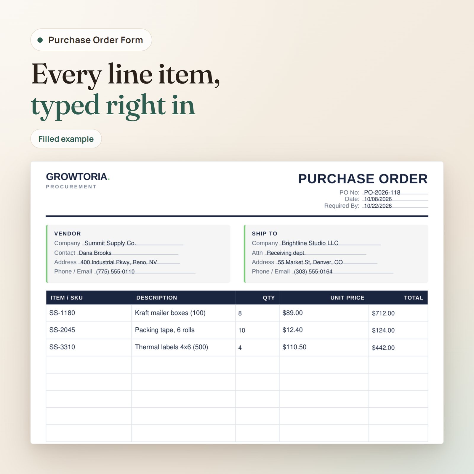 Purchase Order Form: example filled in on screen