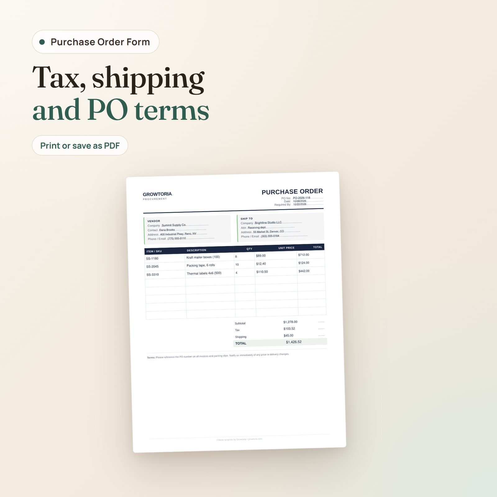 Purchase Order Form: full page, one US Letter sheet