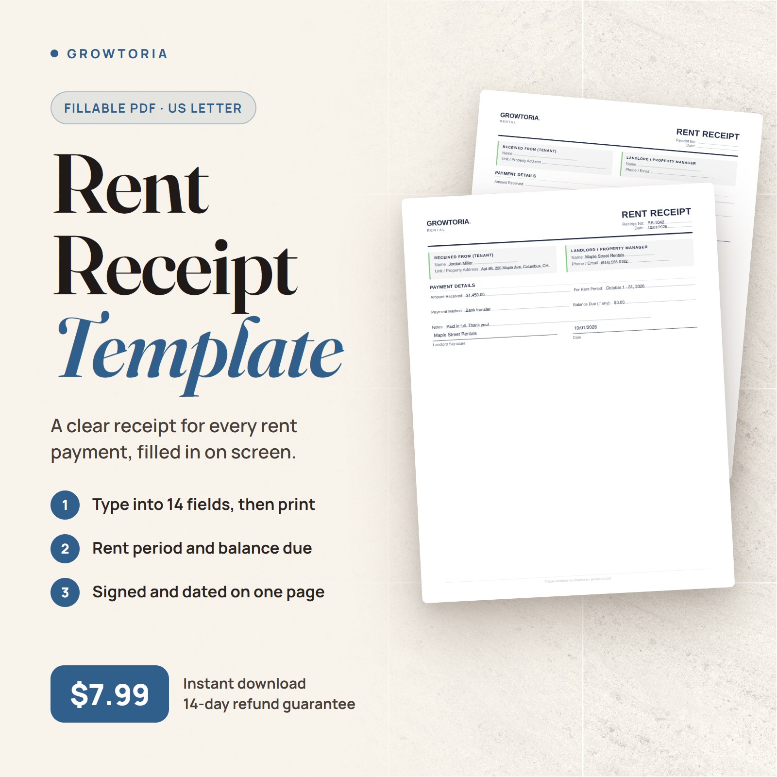 Rent Receipt Template: the fillable PDF blank and filled in