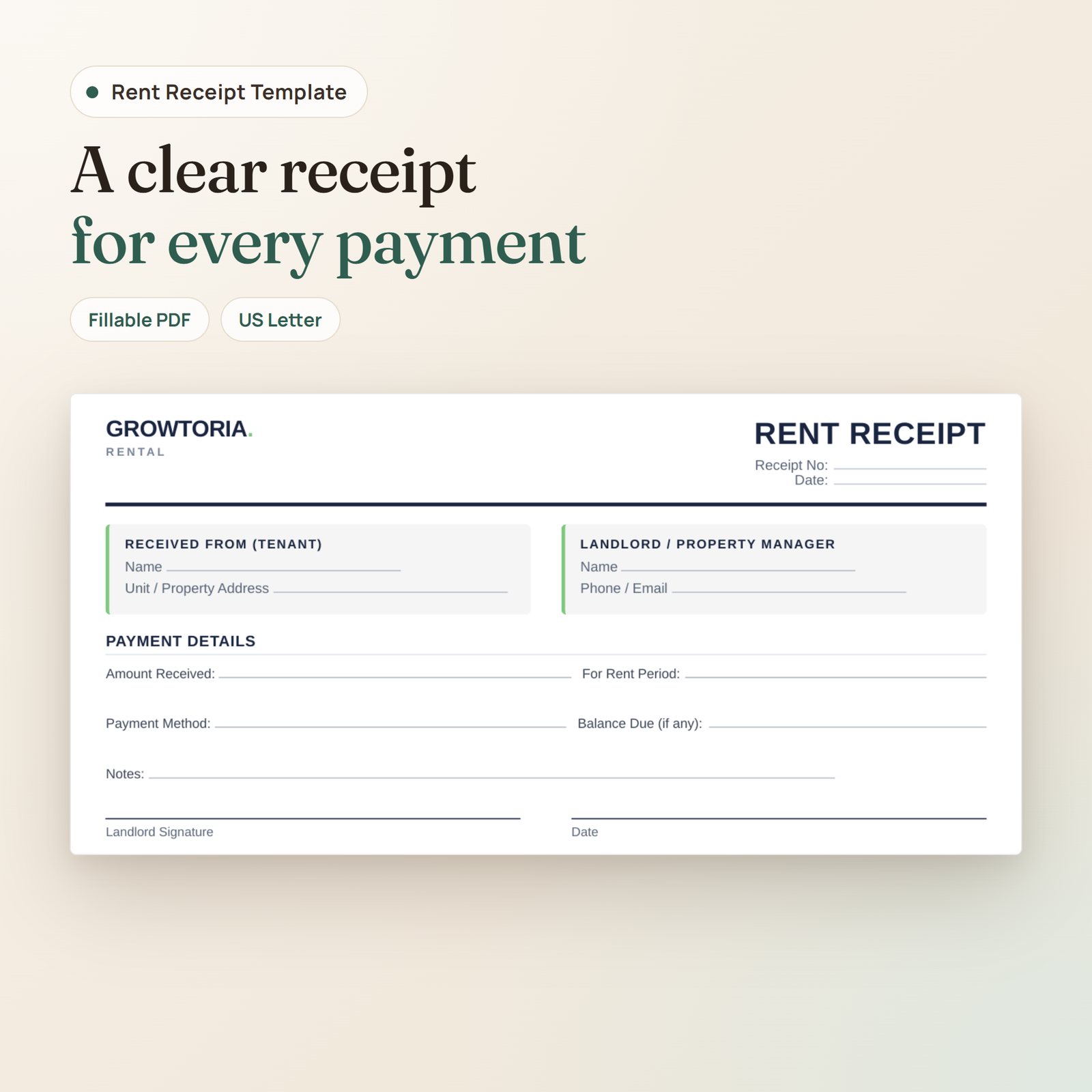Rent Receipt Template: fillable PDF form, blank
