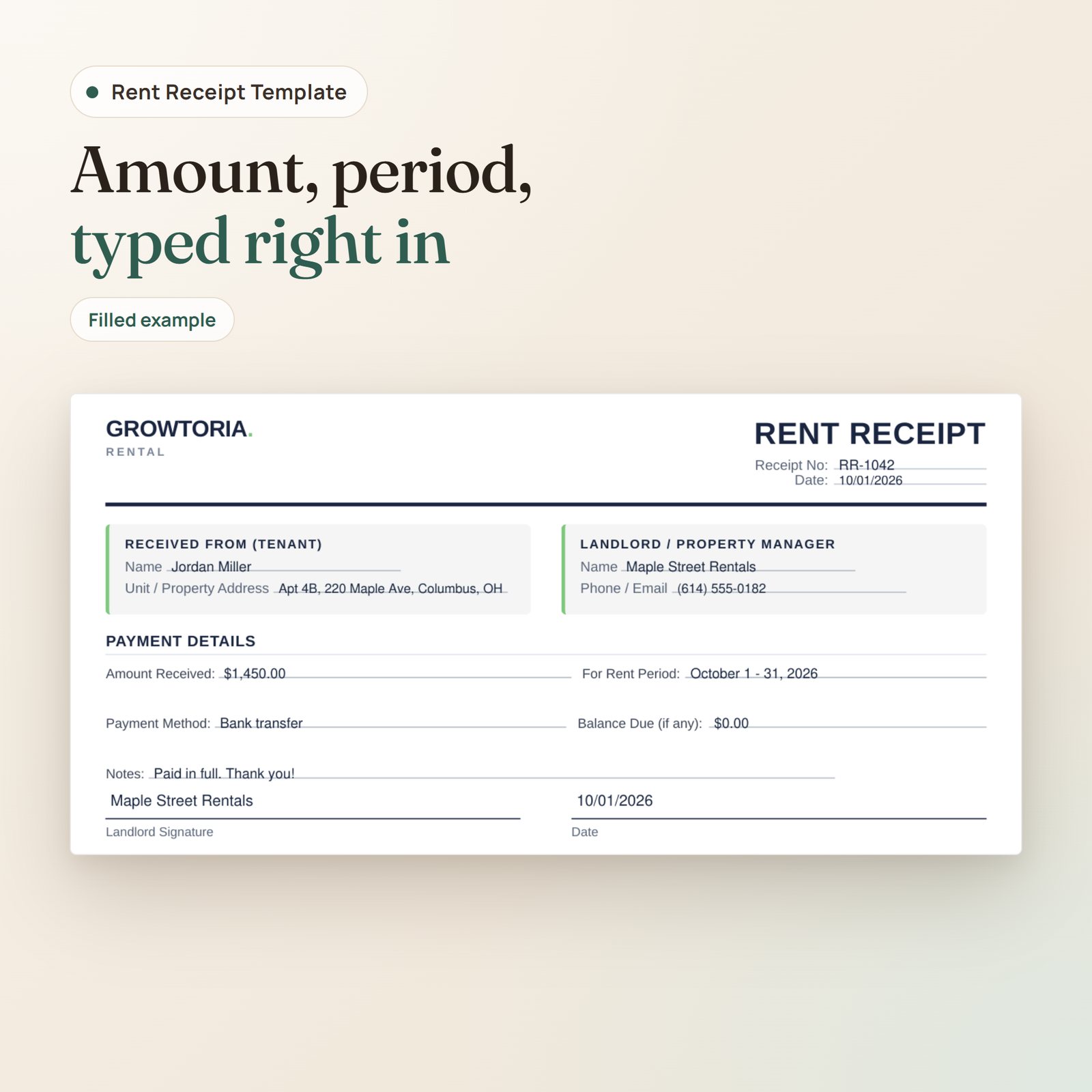 Rent Receipt Template: example filled in on screen