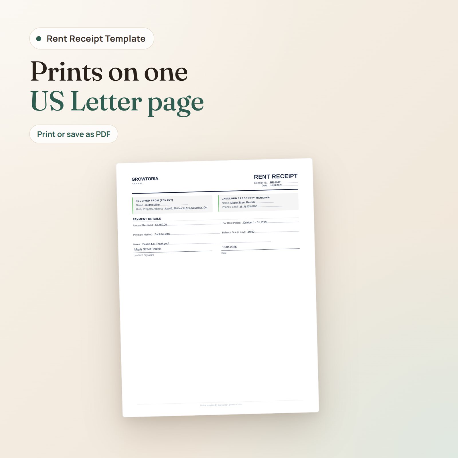Rent Receipt Template: full page, one US Letter sheet