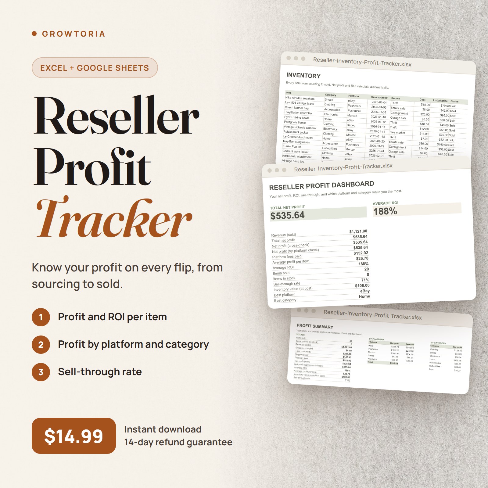 Reseller Inventory Profit Tracker: profit dashboard, inventory and profit summary tabs