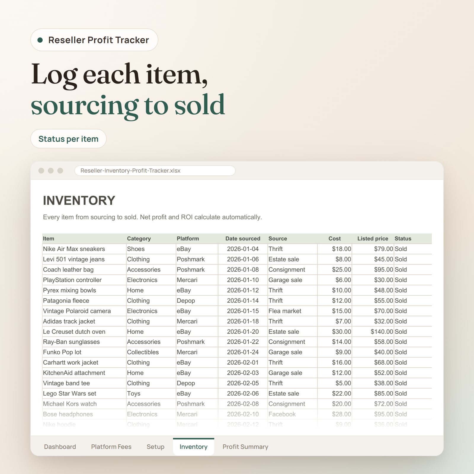Reseller Inventory Profit Tracker spreadsheet: inventory log with item, category, platform, source, cost, listed price and status