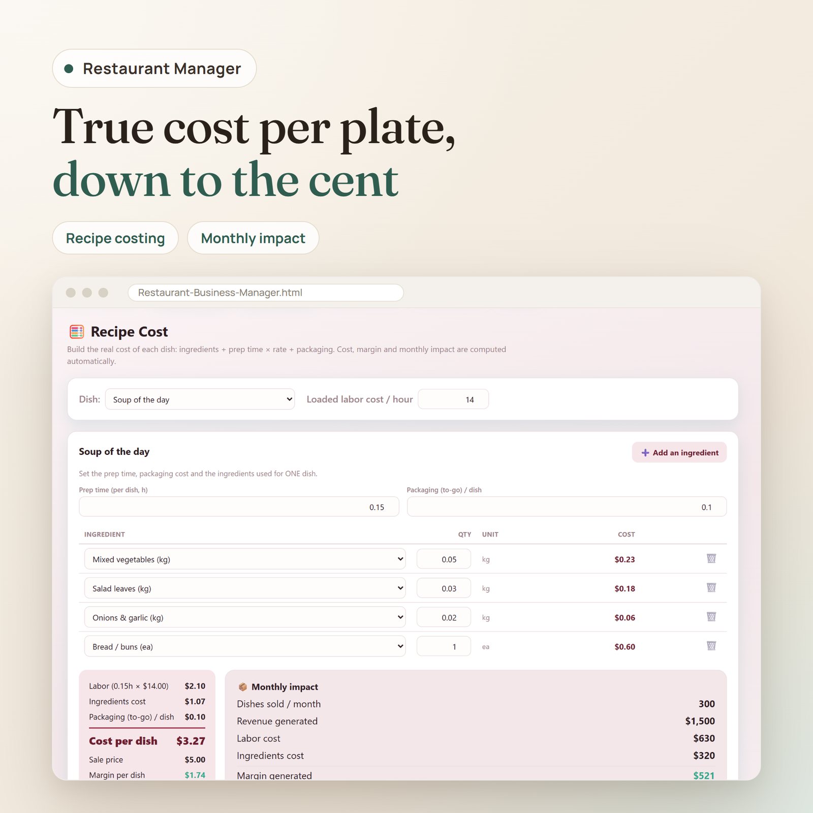 Restaurant Manager app: recipe costing with ingredients, prep time, labor and packaging per dish