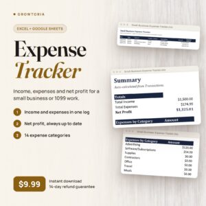 Small Business Expense Tracker: summary, transactions and expense categories of the spreadsheet