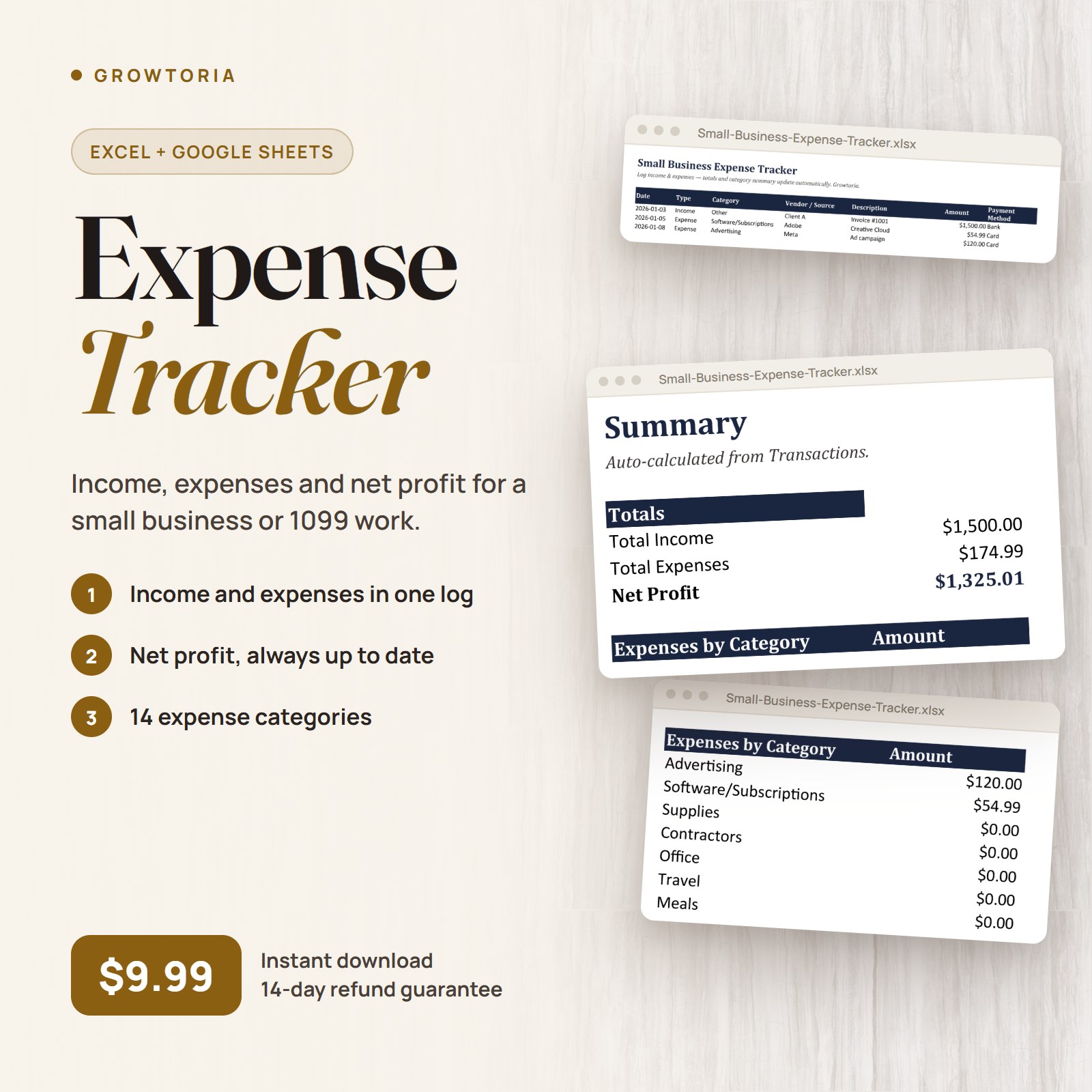 Small Business Expense Tracker: summary, transactions and expense categories of the spreadsheet