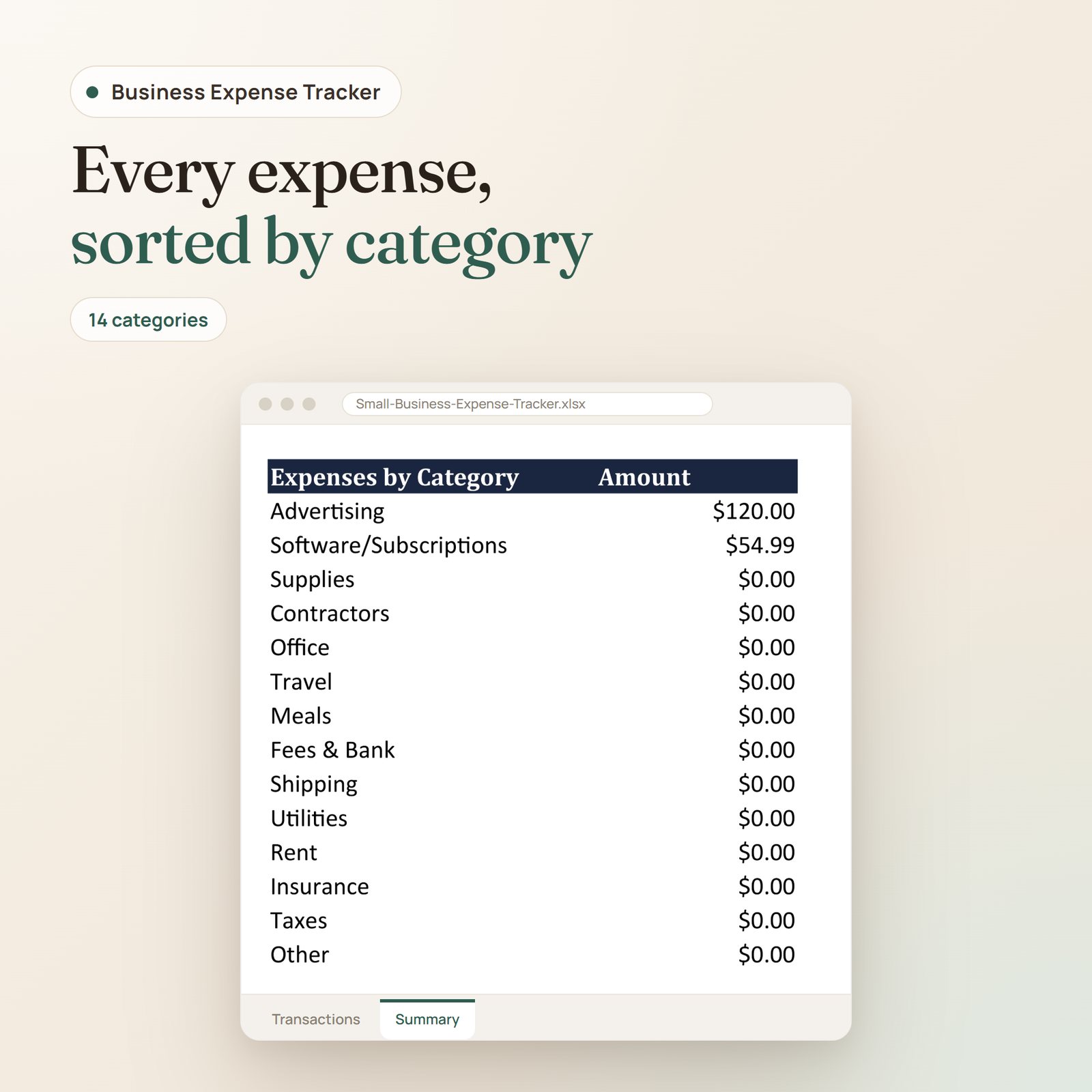 Small Business Expense Tracker spreadsheet: expenses by category from advertising to taxes