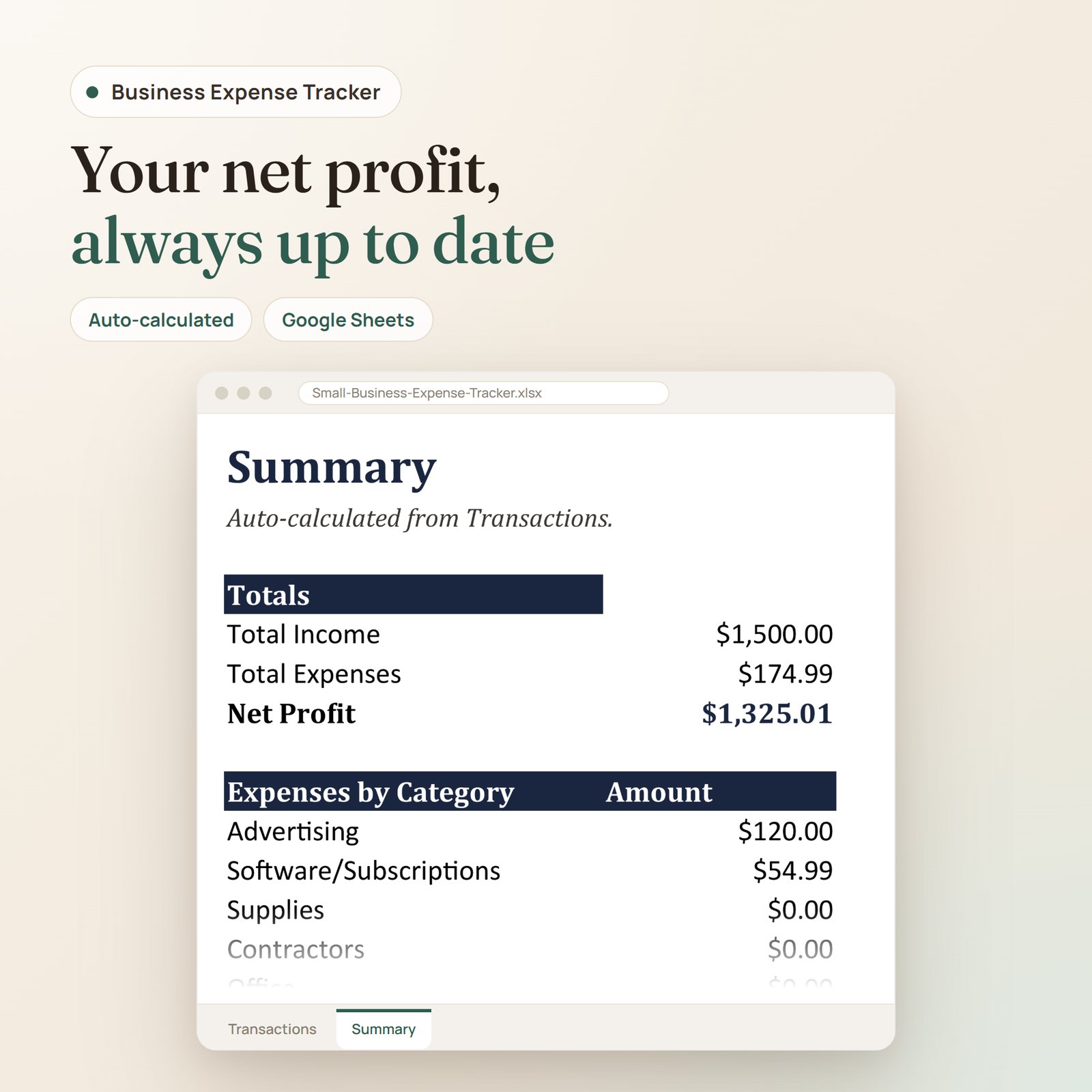 Small Business Expense Tracker spreadsheet: summary with total income, total expenses, net profit and expenses by category