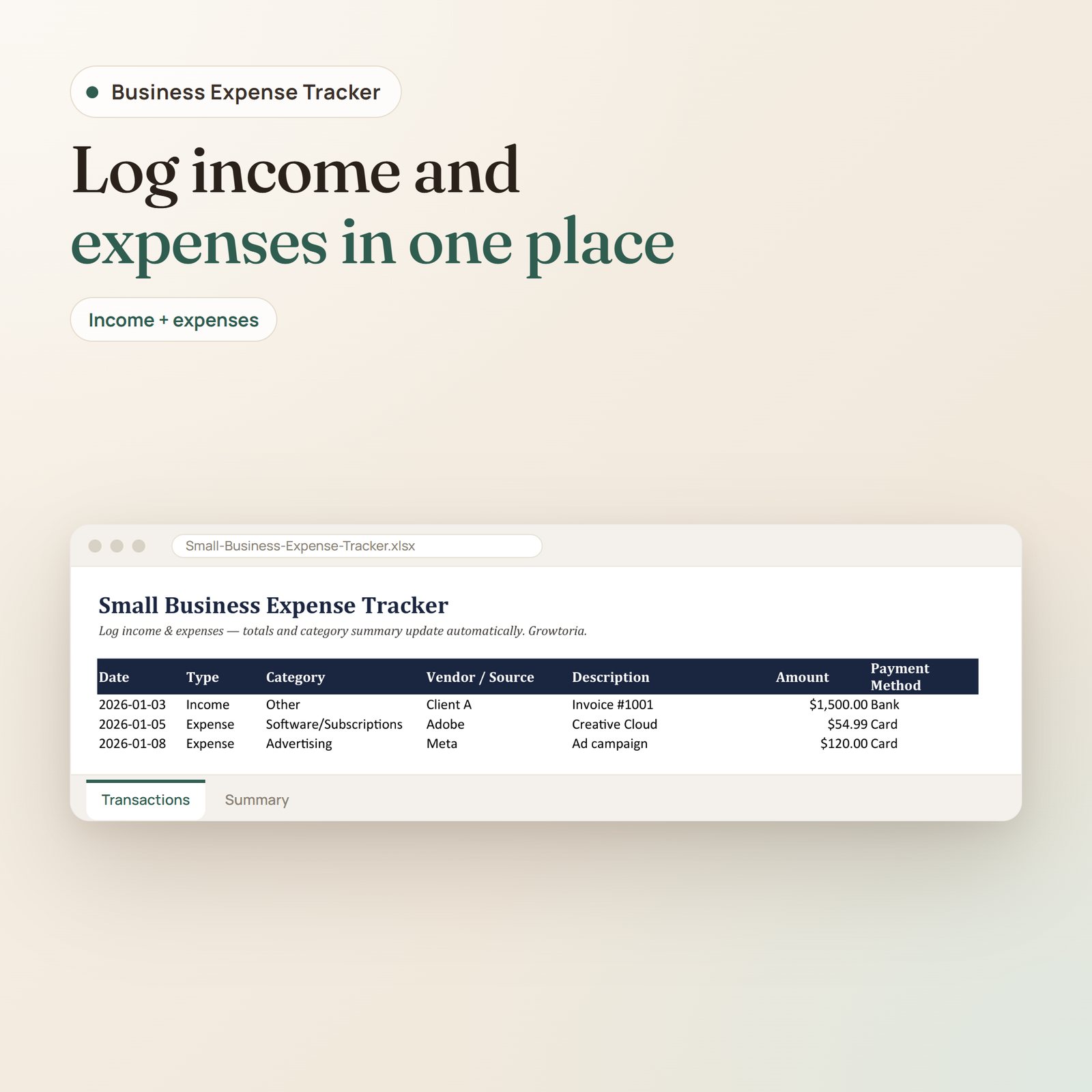 Small Business Expense Tracker spreadsheet: transactions log with date, type, category, vendor, amount and payment method