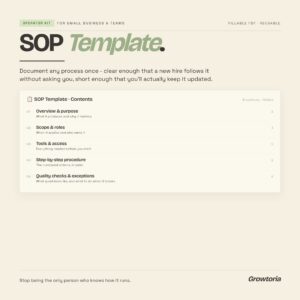 SOP template contents page — a fillable standard operating procedure for small business