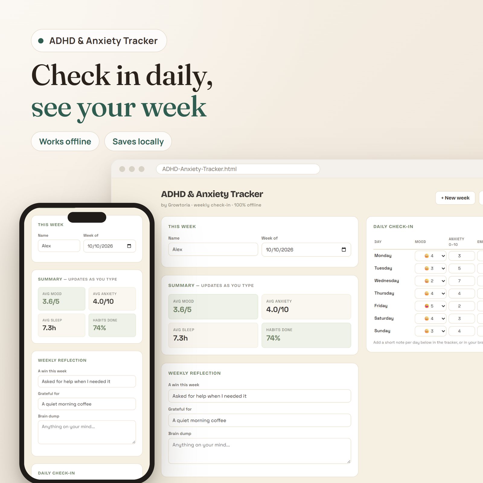 ADHD & Anxiety Tracker app: weekly check-in with mood, anxiety, sleep and habits on desktop and mobile