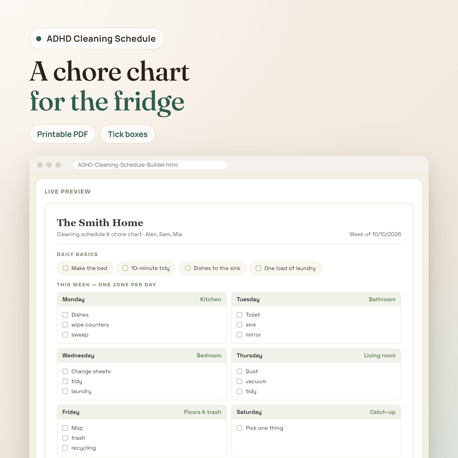 ADHD Cleaning Schedule & Chore Chart app: printable chore chart with tick boxes for every task