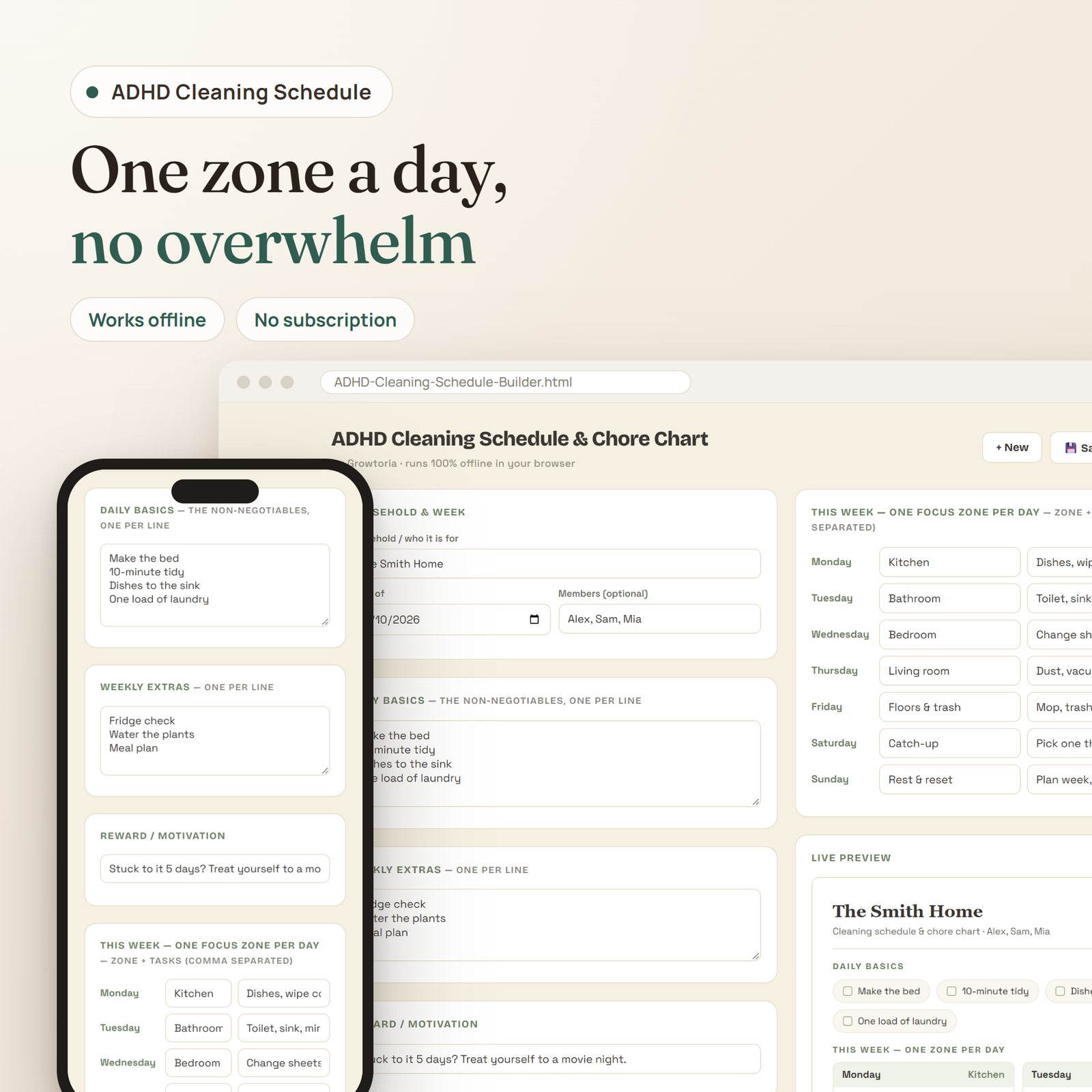 ADHD Cleaning Schedule & Chore Chart app: weekly plan editor and live chore chart on desktop and mobile