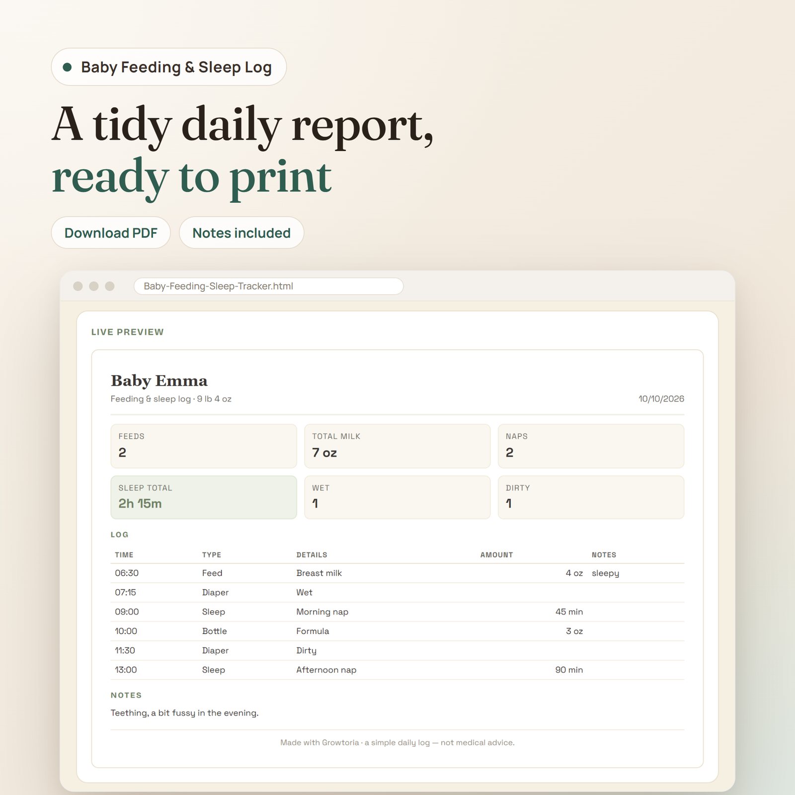Baby Feeding & Sleep Tracker app: live preview of the printable daily log with totals, entries and notes