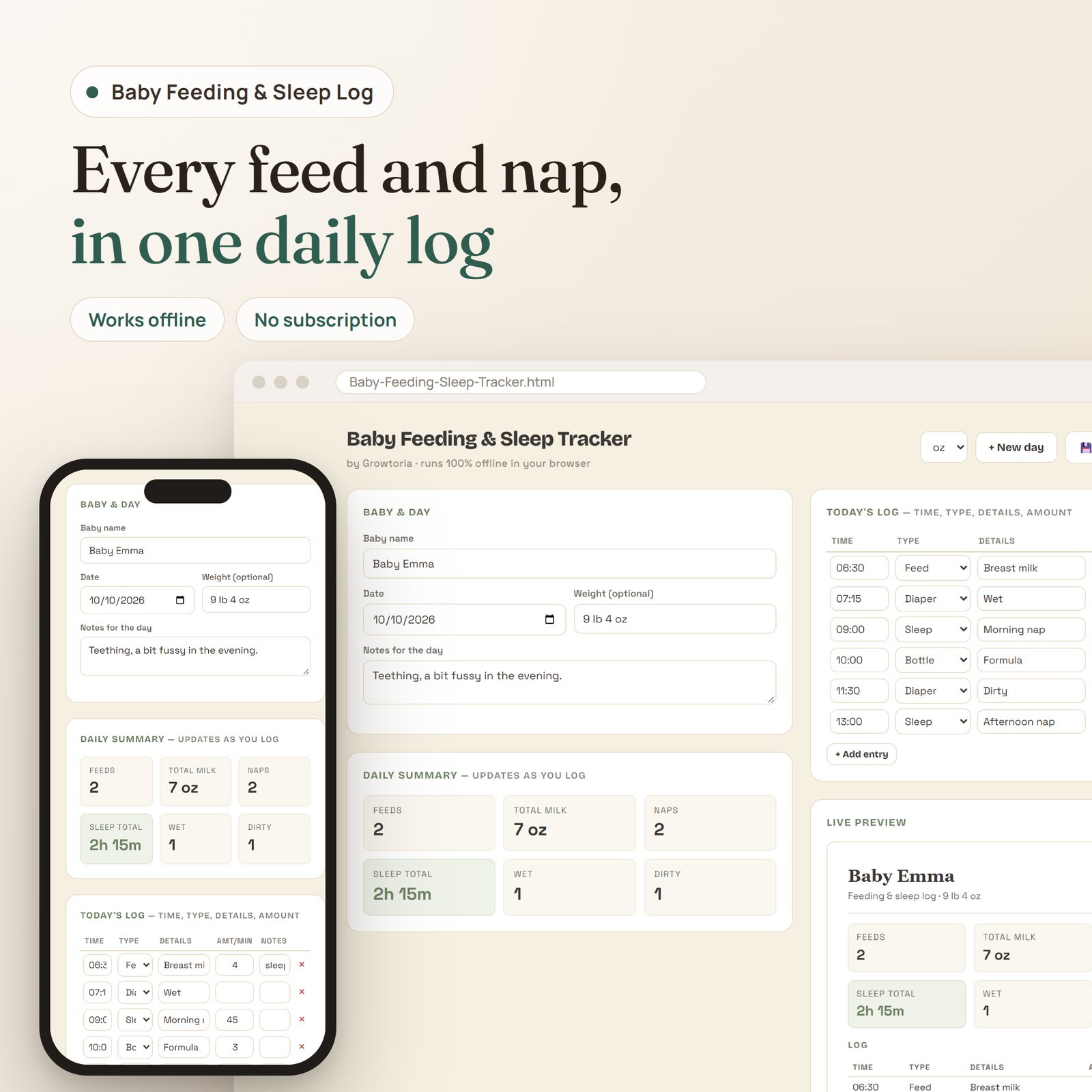 Baby Feeding & Sleep Tracker app: baby details, daily summary, feeding and sleep log and live preview on desktop and mobile