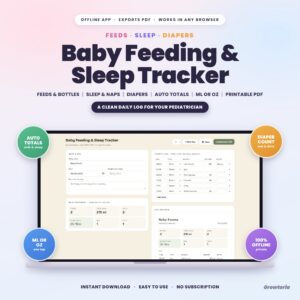 Baby Feeding & Sleep Tracker App | Feeds, Bottles, Naps & Diapers, Auto Totals, Printable PDF | Offline, No Subscription