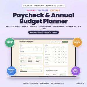 Paycheck & Annual Budget Planner App | 50/30/20 Budget, Savings Rate, Monthly & Annual, PDF | Offline, No Subscription